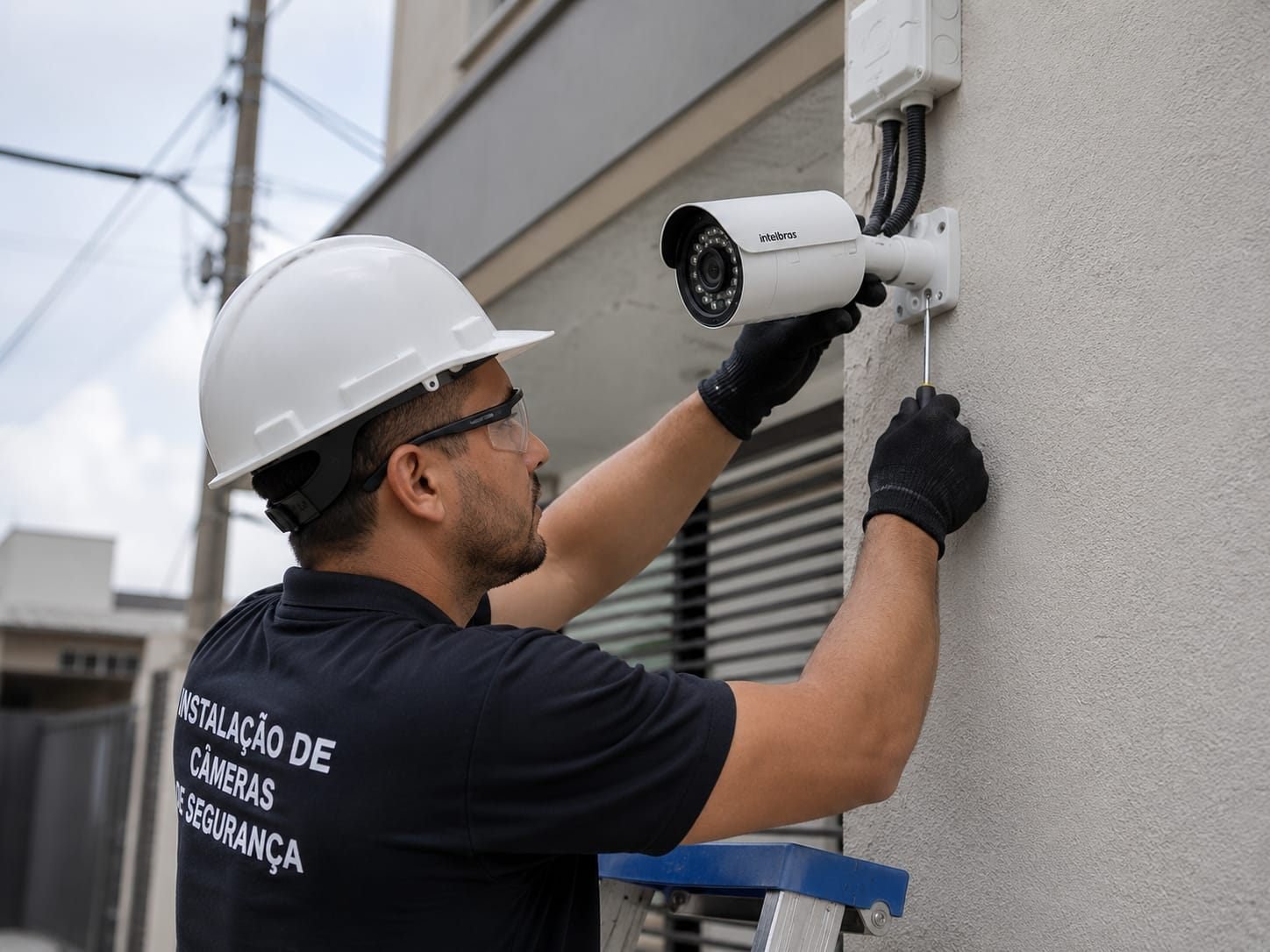 Técnico instalando câmera de segurança em uma residência